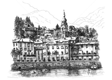 Disegno intitolato "Lago di Como-Varenna" da Franko Brkac, Opera d'arte originale, Inchiostro