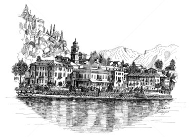Disegno intitolato "Lago di Como-Bellag…" da Franko Brkac, Opera d'arte originale, Inchiostro