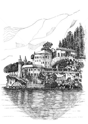 Dessin intitulée "Lago di Como- lenno…" par Franko Brkac, Œuvre d'art originale, Encre
