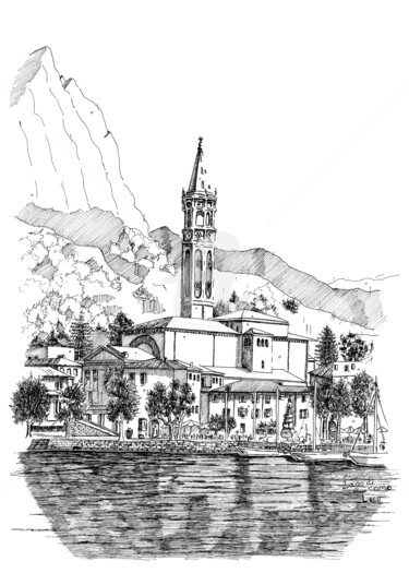 Dessin intitulée "Lago di Como-Lecco" par Franko Brkac, Œuvre d'art originale, Encre