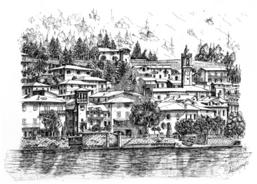 Рисунок под названием "Lago di Como-Argegno" - Franko Brkac, Подлинное произведение искусства, Чернила