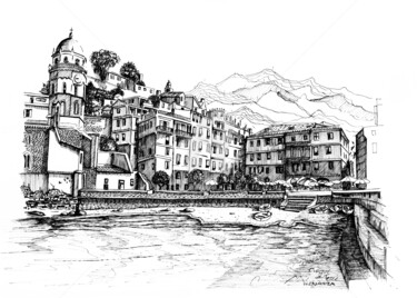 Drawing titled "Italy-Cinque Terre…" by Franko Brkac, Original Artwork, Ink