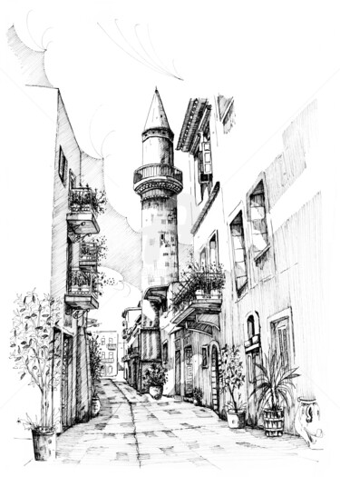 Dessin intitulée "Old Town-Chania/CRE…" par Franko Brkac, Œuvre d'art originale, Encre