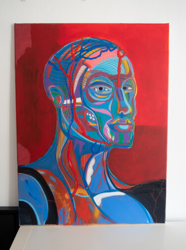 Painting titled "Portrait écorché 2" by Broka, Original Artwork, Acrylic Mounted on Wood Stretcher frame
