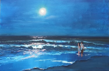 Painting titled "Night beach, Israel…" by Artyukh, Original Artwork, Oil