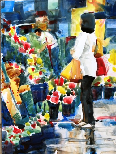 Painting titled "Flower market" by Bronwen Jones, Original Artwork, Watercolor