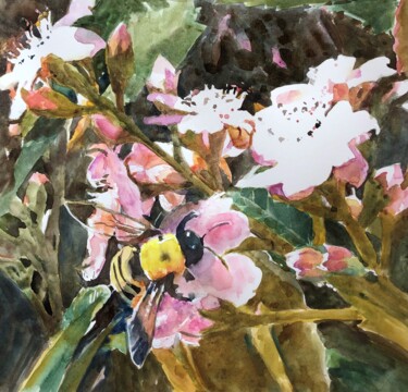 Pintura intitulada "Blossoms and Bees" por Bronwen Jones, Obras de arte originais, Aquarela