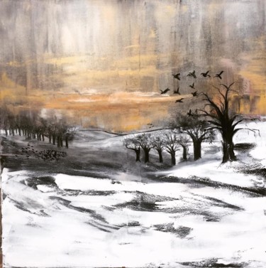 Peinture intitulée "SNOWY DAY WITH CROWS" par Brooke Major, Œuvre d'art originale, Huile Monté sur Châssis en bois