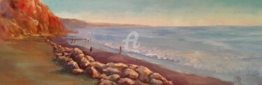 Schilderij getiteld "Torry Pines Beach" door B.Rossitto, Origineel Kunstwerk, Olie Gemonteerd op Frame voor houten brancard