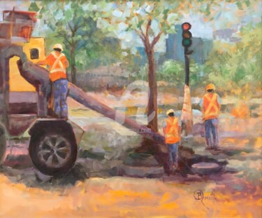 Painting titled "Under Construction" by B.Rossitto, Original Artwork, Oil Mounted on Wood Stretcher frame