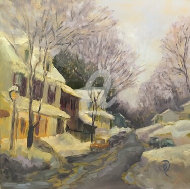 Painting titled "Snow-covered Village" by B.Rossitto, Original Artwork, Oil
