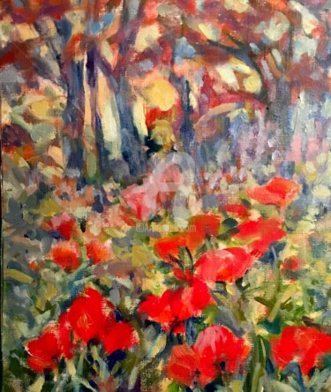 Painting titled "Lake Placid Poppies…" by B.Rossitto, Original Artwork, Oil Mounted on Wood Stretcher frame