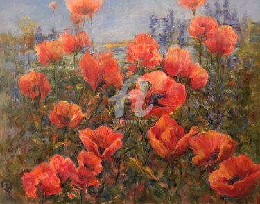 Painting titled "Field of Poppies La…" by B.Rossitto, Original Artwork, Oil Mounted on Wood Stretcher frame