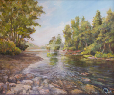 Schilderij getiteld "Adirondacks Stream" door B.Rossitto, Origineel Kunstwerk, Olie Gemonteerd op Frame voor houten brancard