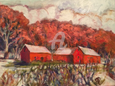 Peinture intitulée "Three Red Barns" par B.Rossitto, Œuvre d'art originale, Huile