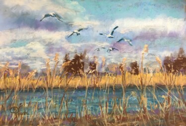 Malerei mit dem Titel "As Gulls Fly" von B.Rossitto, Original-Kunstwerk, Pastell Auf Andere starre Platte montiert