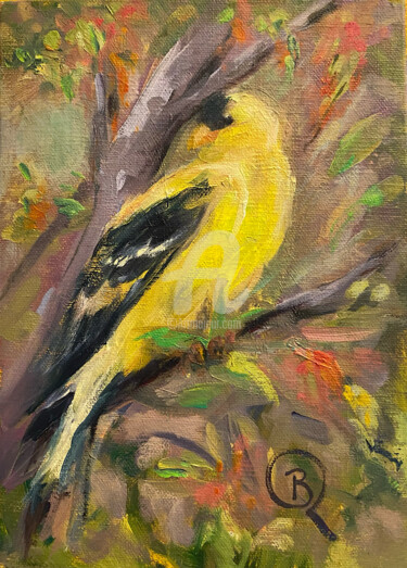Painting titled "American Goldfinch…" by B.Rossitto, Original Artwork, Oil Mounted on Other rigid panel