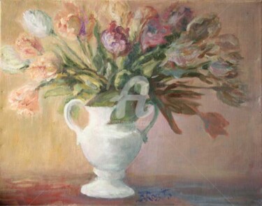 Картина под названием "Tulips in a White U…" - B.Rossitto, Подлинное произведение искусства, Масло
