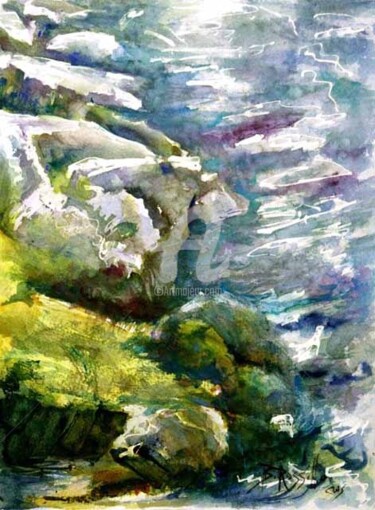 Painting titled "Rocky Shore Salmon…" by B.Rossitto, Original Artwork, Oil