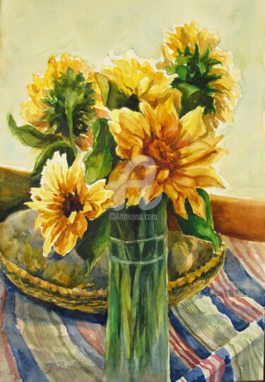 Painting titled "Sunflowers and Stri…" by B.Rossitto, Original Artwork, Watercolor