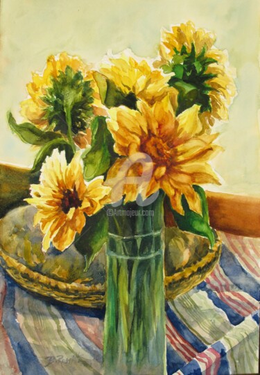 Pintura intitulada "Sunflowers and Stri…" por B.Rossitto, Obras de arte originais, Aquarela