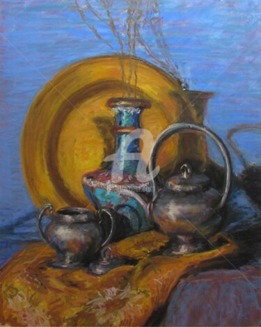 Painting titled "Brass and Pewter St…" by B.Rossitto, Original Artwork, Pastel Mounted on Other rigid panel