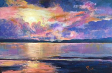 Painting titled "Spectacular Sunset" by B.Rossitto, Original Artwork, Oil Mounted on Wood Stretcher frame