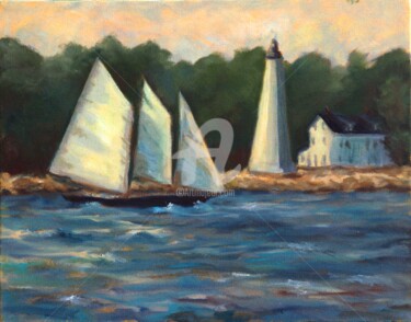 Painting titled "schooner and lighth…" by B.Rossitto, Original Artwork, Oil