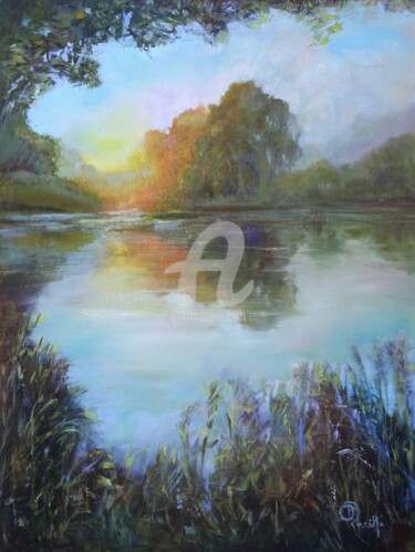 Painting titled "window on the pond" by B.Rossitto, Original Artwork, Oil Mounted on Other rigid panel