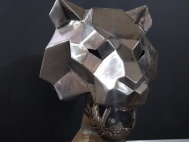 Скульптура под названием "Голова тигра в сере…" - Brothers Of Metal, Подлинное произведение искусства, Металлы