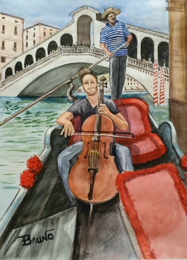 Painting titled "Violoncellista in g…" by Maurizio Bruno, Original Artwork, Watercolor