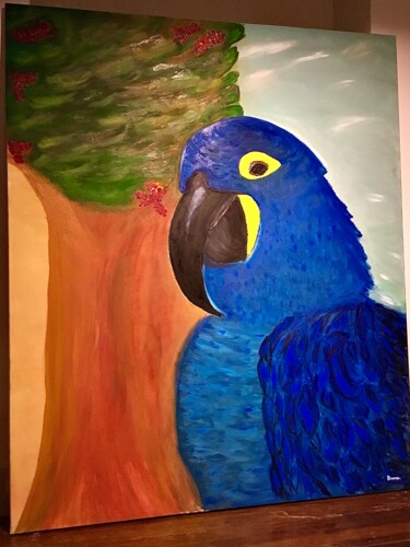 Painting titled "Arara Azul" by Bruna Corty, Original Artwork, Oil Mounted on Wood Stretcher frame