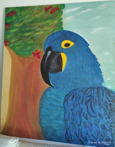 Peinture intitulée "Arara Azul 2" par Bruna Corty, Œuvre d'art originale, Huile Monté sur Châssis en bois