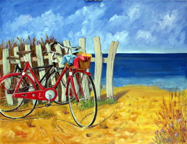 Painting titled "bv1112-la-bici-ross…" by Bruno Vallino, Original Artwork, Oil