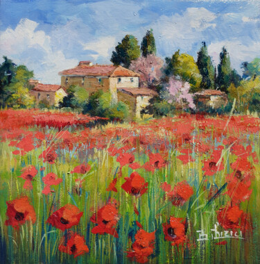 Painting titled "Landscape with red…" by Bruno Chirici, Original Artwork, Oil Mounted on Wood Stretcher frame