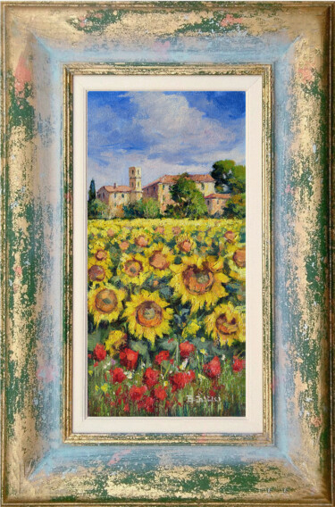 Painting titled "Sunflowers & Poppie…" by Bruno Chirici, Original Artwork, Oil Mounted on Wood Panel