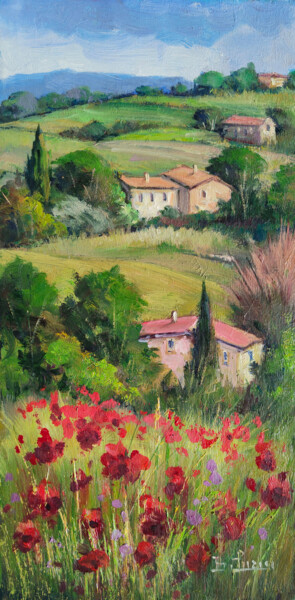 Pittura intitolato "Flowery hill landsc…" da Bruno Chirici, Opera d'arte originale, Olio Montato su Pannello di legno