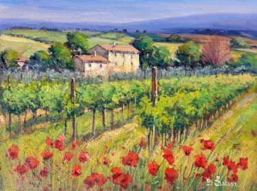 Painting titled "Vineyard flowered l…" by Bruno Chirici, Original Artwork, Oil Mounted on Wood Panel