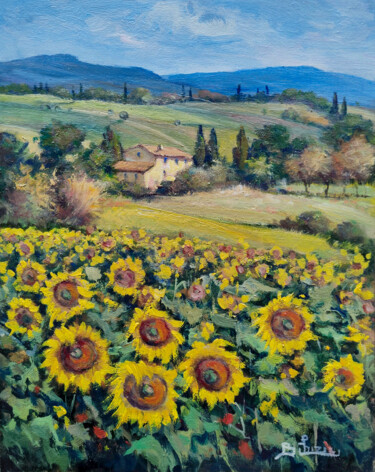 Картина под названием "Sunflowers carpet -…" - Bruno Chirici, Подлинное произведение искусства, Масло Установлен на Деревянн…