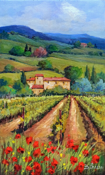 Pittura intitolato "Vineyard with flowe…" da Bruno Chirici, Opera d'arte originale, Olio Montato su Pannello di legno