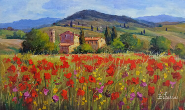 Painting titled "Bloomed countryside…" by Bruno Chirici, Original Artwork, Oil Mounted on Wood Panel