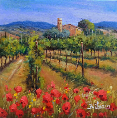 Painting titled "Vineyard and poppie…" by Bruno Chirici, Original Artwork, Oil Mounted on Wood Stretcher frame