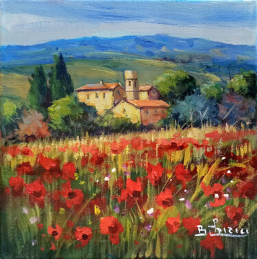 Painting titled "Red poppies - Tusca…" by Bruno Chirici, Original Artwork, Oil Mounted on Wood Stretcher frame