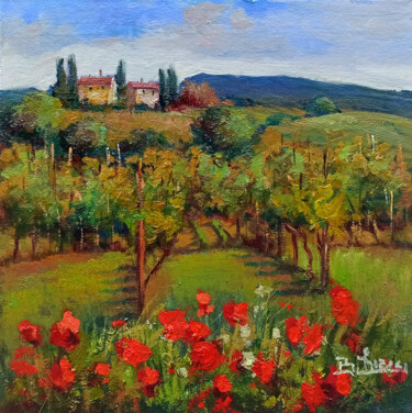 Painting titled "VINEYARD AND POPPIE…" by Bruno Chirici, Original Artwork, Oil Mounted on Wood Stretcher frame