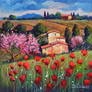 Painting titled "Flowery hill - Tusc…" by Bruno Chirici, Original Artwork, Oil Mounted on Wood Stretcher frame