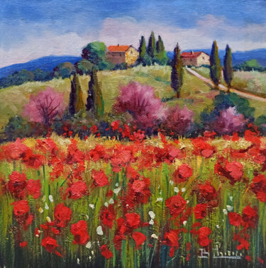 Картина под названием "Poppies in bloom -…" - Bruno Chirici, Подлинное произведение искусства, Масло Установлен на Деревянна…