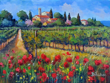 Painting titled "Blooming vineyard -…" by Bruno Chirici, Original Artwork, Oil Mounted on Wood Stretcher frame