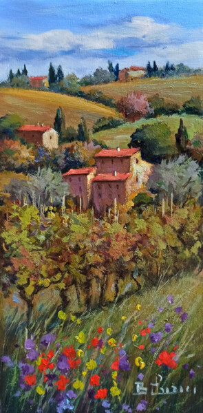 Painting titled "Flowering vineyard…" by Bruno Chirici, Original Artwork, Oil Mounted on Wood Stretcher frame