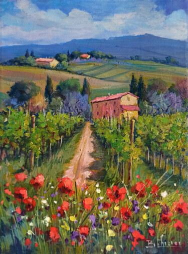 Painting titled "Vertical vineyard -…" by Bruno Chirici, Original Artwork, Oil Mounted on Wood Stretcher frame