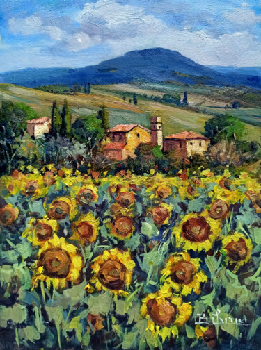 Painting titled "Village among sunfl…" by Bruno Chirici, Original Artwork, Oil Mounted on Wood Stretcher frame